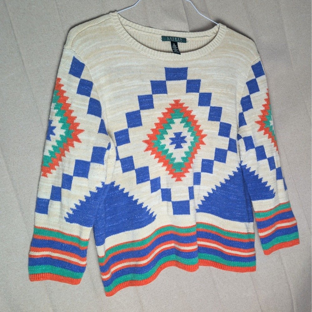 Vintage Lauren Ralph Lauren Southwestern Geometric Cotton Blend Sweater XL Cream